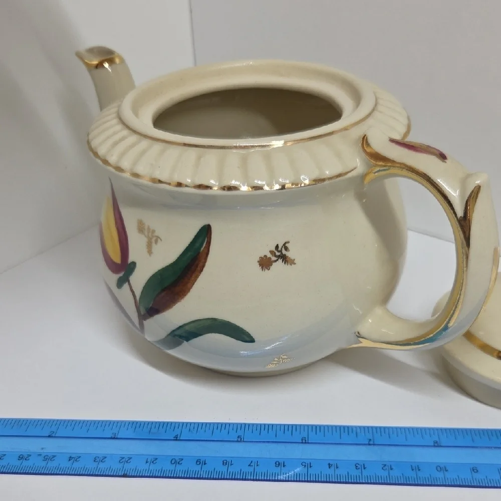 Floral Cream Teapot with Gold Accents